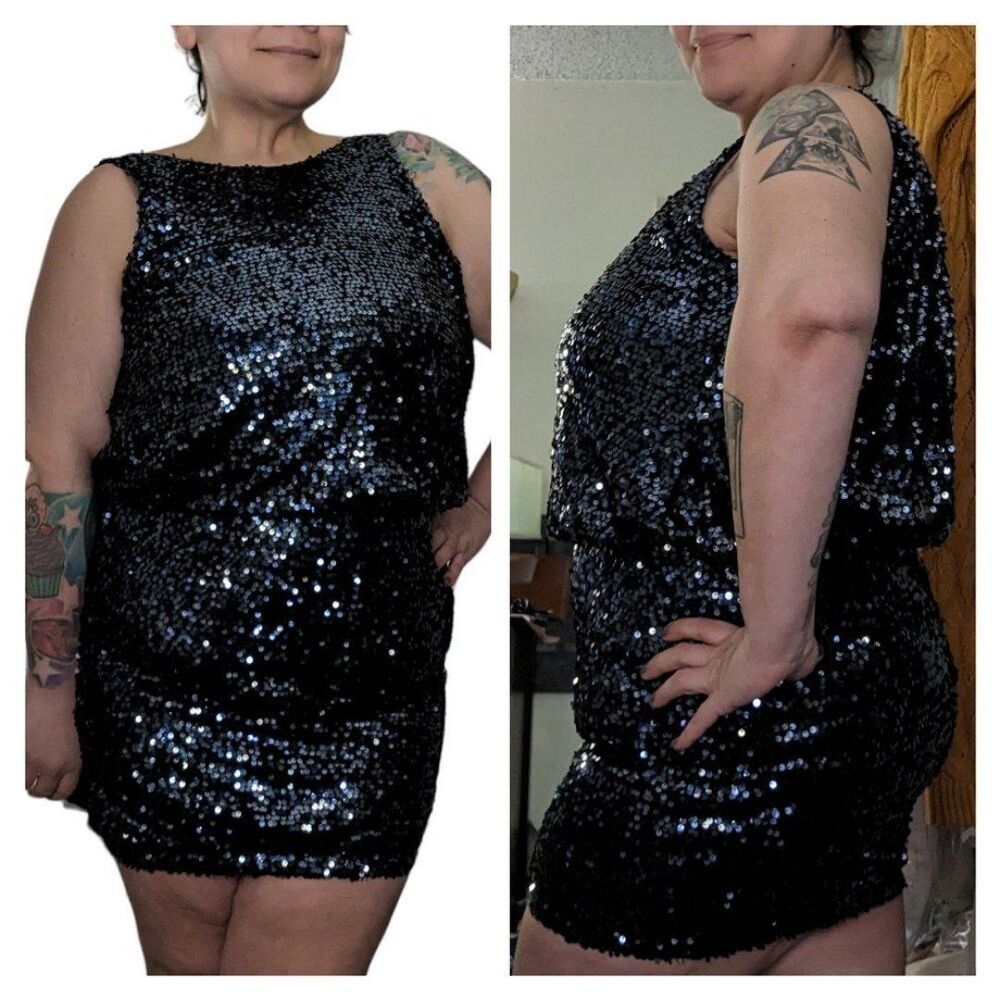 Jackie Jon Size 8 Navy Blue Sequins Drop Waist Mini Dress Glam Festival Rocker